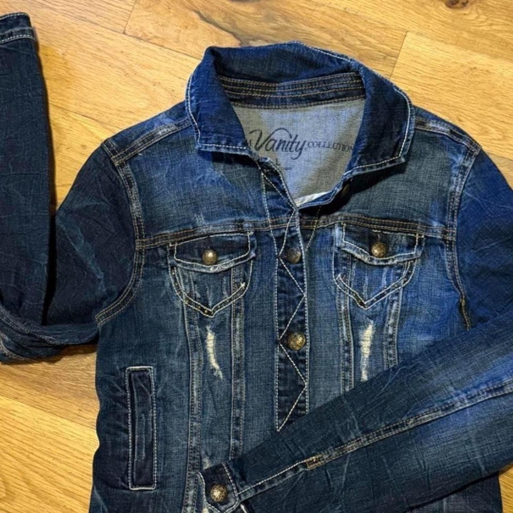 Vanity Distressed Dark Wash Stretch Denim Jacket Women Large Indigo Blue